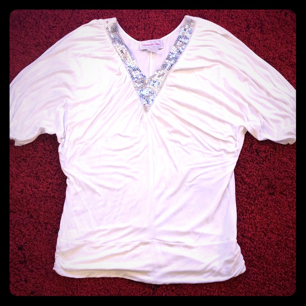 💝3for$20 Silver-sequin White Dolman Sleeve Blouse